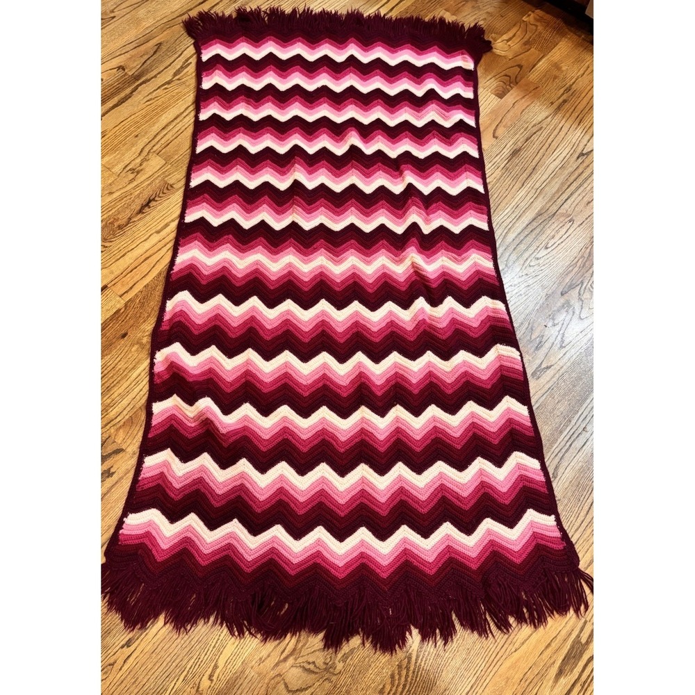 Vintage Handmade Crochet Chevron Afghan Throw Blanket Pink Burgundy Fringe 66x39